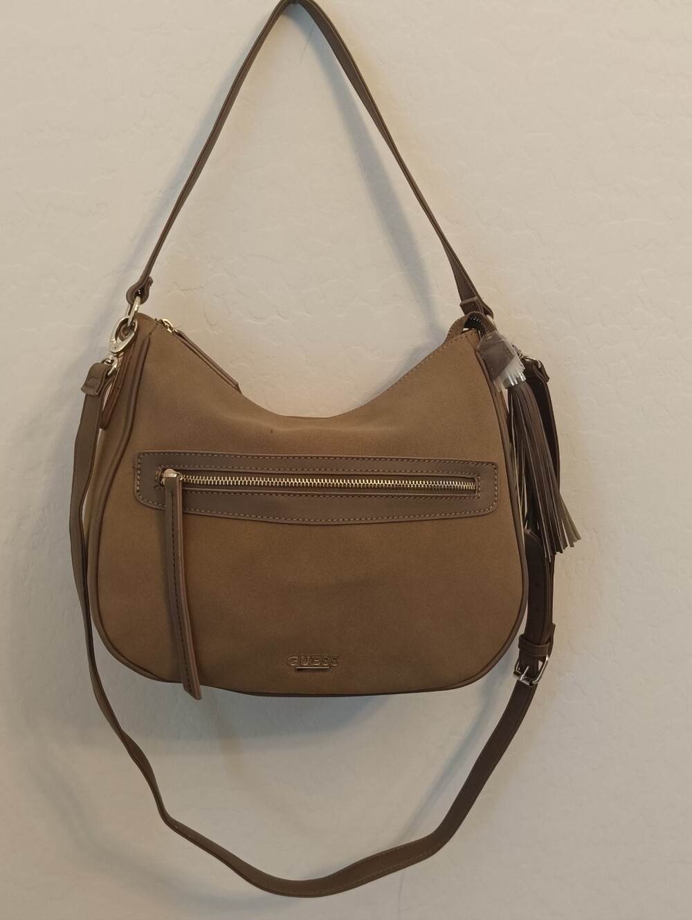 Guess Taupe Suede Shoulder Bag with Tassel Detail